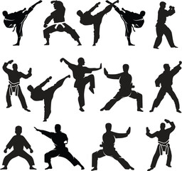 set of Karate people vector illustration. Karate player in different action pose. Combat skill for self defense. 