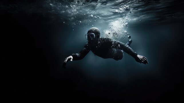 A person dives down into deep dark water.Diving into dark water, unknown, future.