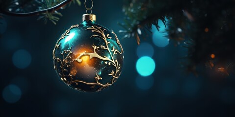 Christmas tree decorated balls on night background with light particals, Merry Christmas style with decorative gold balls