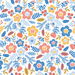 Fototapeta na wymiar Interweaving of stylized doodle flowers and branches in the Scandinavian color style on white background