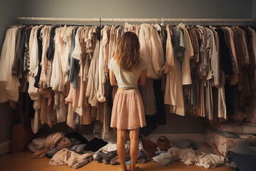 Woman selecting cloth from her wardrobe's rack, back facing camera. Concept of nothing to wear and getting dressed