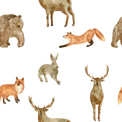 Watercolor seamless pattern with forest animals for fabric, wrapping paper, etc.