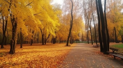 Autumn multi-colored trees in the city park zone. Fall forest. Romantic mood. Park alley with yellow leafes. Seasonal beautiful picture. Postcard concept.