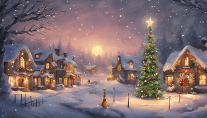 christmas night in the village - obrazy, fototapety, plakaty