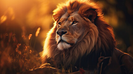 A large majestic male lion with beautiful fur is resting on the safari savanna grass with a beautiful golden light created with Generative AI Technology