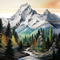 Mountain landscape Painting, Forest Clipart, Nature illustration - 678604400