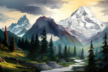 Mountain landscape Painting, Forest Clipart, Nature illustration - 678604406