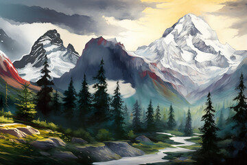 Mountain landscape Painting, Forest Clipart, Nature illustration - 678604420