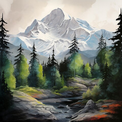 Mountain landscape Painting, Forest Clipart, Nature illustration - 678604426