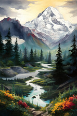Mountain landscape Painting, Forest Clipart, Nature illustration - 678604435