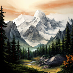 Mountain landscape Painting, Forest Clipart, Nature illustration - 678604452