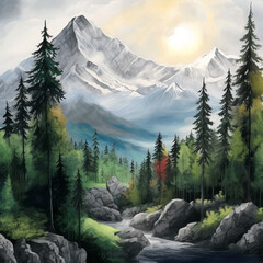 Mountain landscape Painting, Forest Clipart, Nature illustration - 678604466