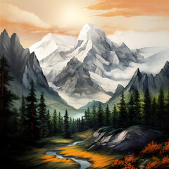 Mountain landscape Painting, Forest Clipart, Nature illustration - 678604469