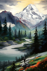 Mountain landscape Painting, Forest Clipart, Nature illustration - 678604476