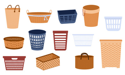 Laundry baskets. Empty jute woven plastic buckets, bin bags and woven rattan baskets for washing and cleaning. Vector laundry bin set