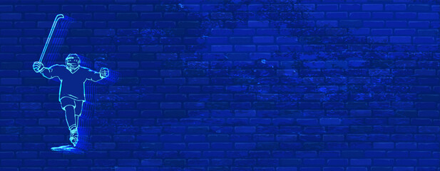 Hockey ultra blue background with brick texture and hockey player. Hockey win player.