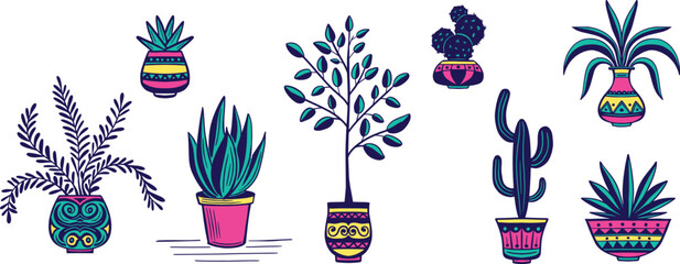Fototapeta na wymiar indoor and outdoor garden plants in pot hand drawn vector illustration