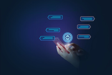 Businessman Using Global Internet Technology Connect Chatgpt Chat With AI Artificial Intelligence Use the command prompt to create something. future technology technology concept


