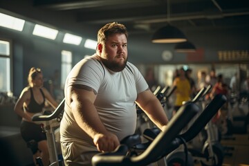 Fototapeta na wymiar Overweight man cycles diligently in the gym. A testament to determination and a healthy lifestyle. 'generative AI'