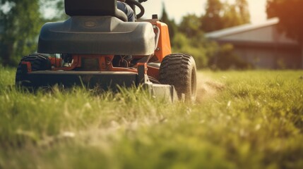 Closeup of a riding landscaper on the lawn mower cutting the grass. - obrazy, fototapety, plakaty