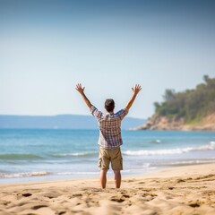 A man, with his back turned, happy to start his vacation on the tropical beach, raised his arms euphorically.