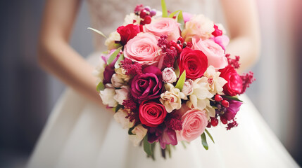 an elegant bride with a beautiful flower bouquet,with empty copy space in the style of light viole, red and dark pink, close up