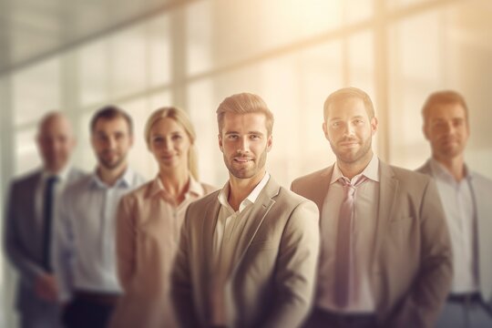 Group portrait of a work team, real state salespeople, hierarchically arranged, with an out-of-focus background.