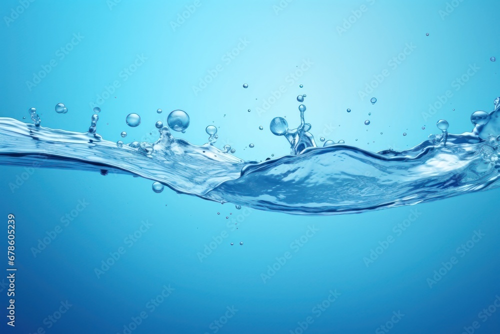 Poster Clear blue water splashes and waves with drops. Vector liquid splash with drops. 3D element. Clear drink. Clear water falling or foaming