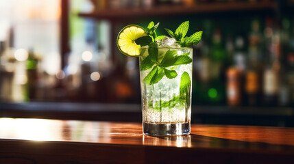a Classic mojito cocktail on a bar counter.