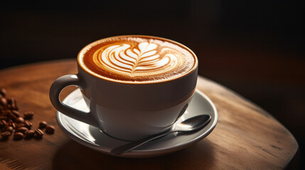a Coffee, Caramel latte in a mug with milk foam latte art on top.
