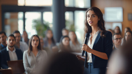 A female business leader gives a presentation in a conference room and inspires a attentive audience.
