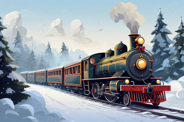 New Year's train steam locomotive rides against the backdrop of a beautiful forest - obrazy, fototapety, plakaty