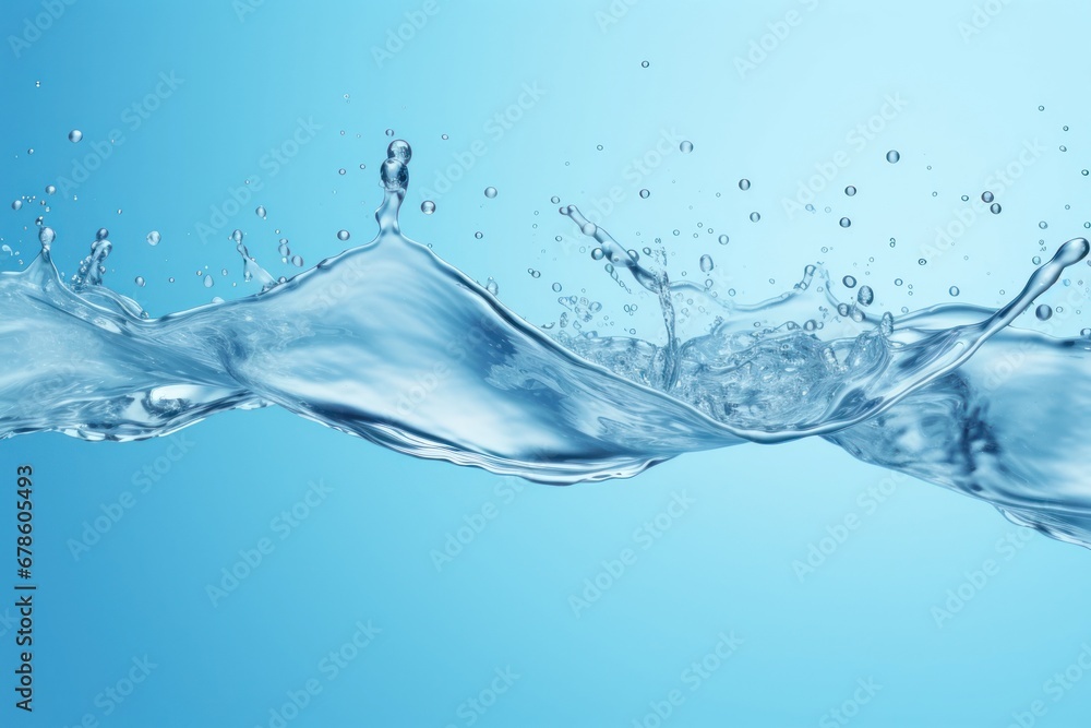 Poster Clear blue water splashes and waves with drops. Vector liquid splash with drops. 3D element. Clear drink. Clear water falling or foaming