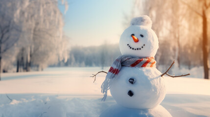 A happy snowman welcomes winter in a quiet snowy landscape on a sunny day.
