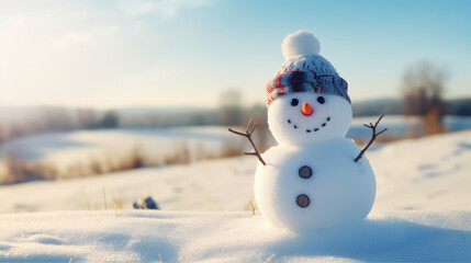 Obraz premium A happy snowman welcomes winter in a quiet snowy landscape on a sunny day.