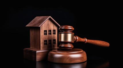 Concept for real estate auction or law. A hardwood gavel laying on a sound block next to a model house.