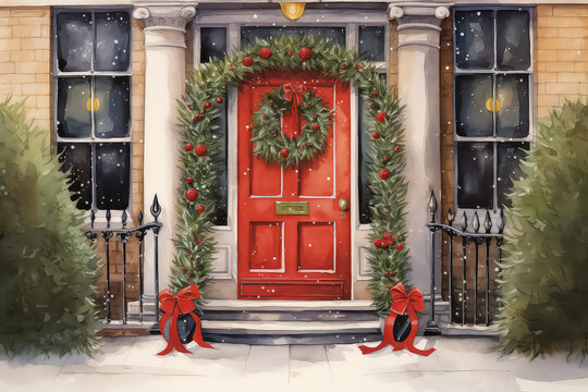 Decorated front door with Christmas tree and decorations
