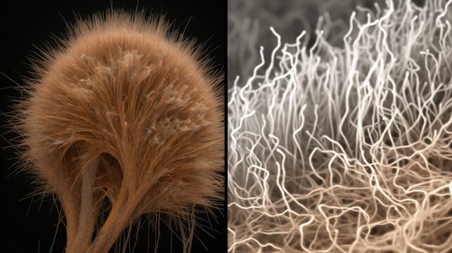 Computer illustration showing human hair with dandruff and close-up view of microscopic fungi Malassezia furfur associated with seborrhoeic dermatitis and dandruff formation.