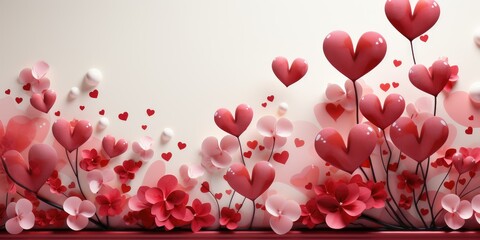 A festive banner with voluminous shiny hearts on a pink background. Valentine's Day. Copy space