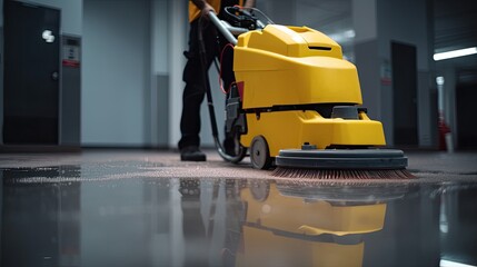Cropped image of Cleaning the floor with machine.