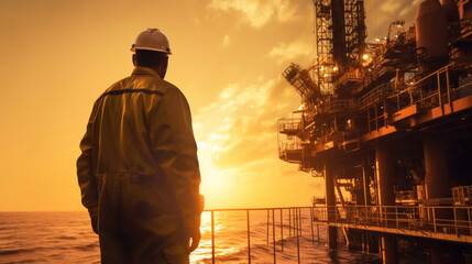 a technician with preventive measures carries out restoration tasks on an oil platform in the ocean.