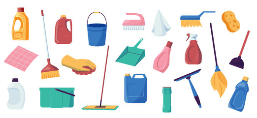 House cleaning tools. Washing and cleaning equipment, rubber gloves, dustpan and brush, soap bottle and bucket. Vector housekeeping chemical set - obrazy, fototapety, plakaty