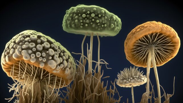 Dermatophyte fungi, computer illustration. Microsporum, Trichophyton, and Epidermophyton fungi, the causative agents of skin, hair and nail fungal diseases.