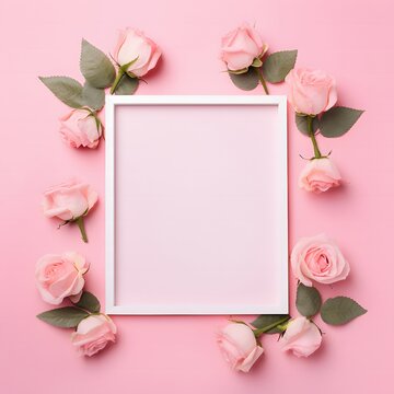 Beautiful flowers composition. Blank frame for text, pink rose flowers on pastel pink background. Valentines Day, Easter, Birthday, Happy Women's Day, Mother's day. Flat lay, top view, copy space.