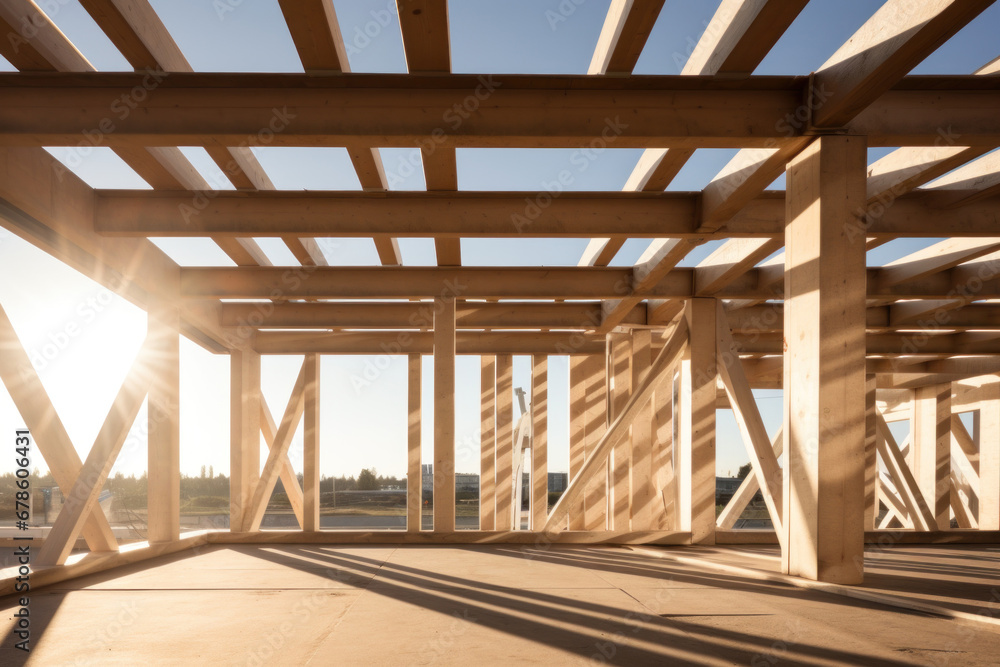 Wall mural process of building a house, wooden structures on the surface