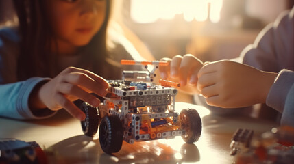Child hands making robot car.