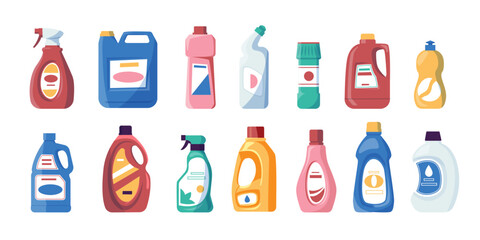 Household chemichals. Cartoon liquid soap and detergent bottles, foam and liquid cleaning products for home and bathroom. Vector set