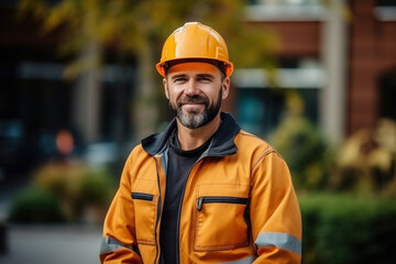 portrait of a smiling male worker foreman in orange overalls and a helmet against the background of a building