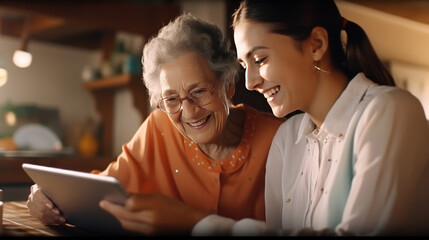 adult daughter teaches her elderly mother how to use the tablet between laughter and learning, sharing some funny moments between them.