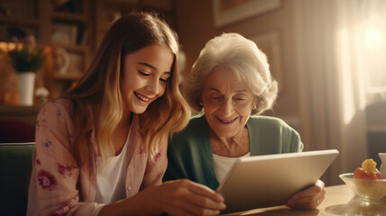 adult daughter teaches her elderly mother how to use the tablet between laughter and learning, sharing some funny moments between them. - obrazy, fototapety, plakaty